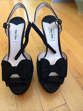 Miu Miu Black Suede Bow Slingback Heels SIZE 37
